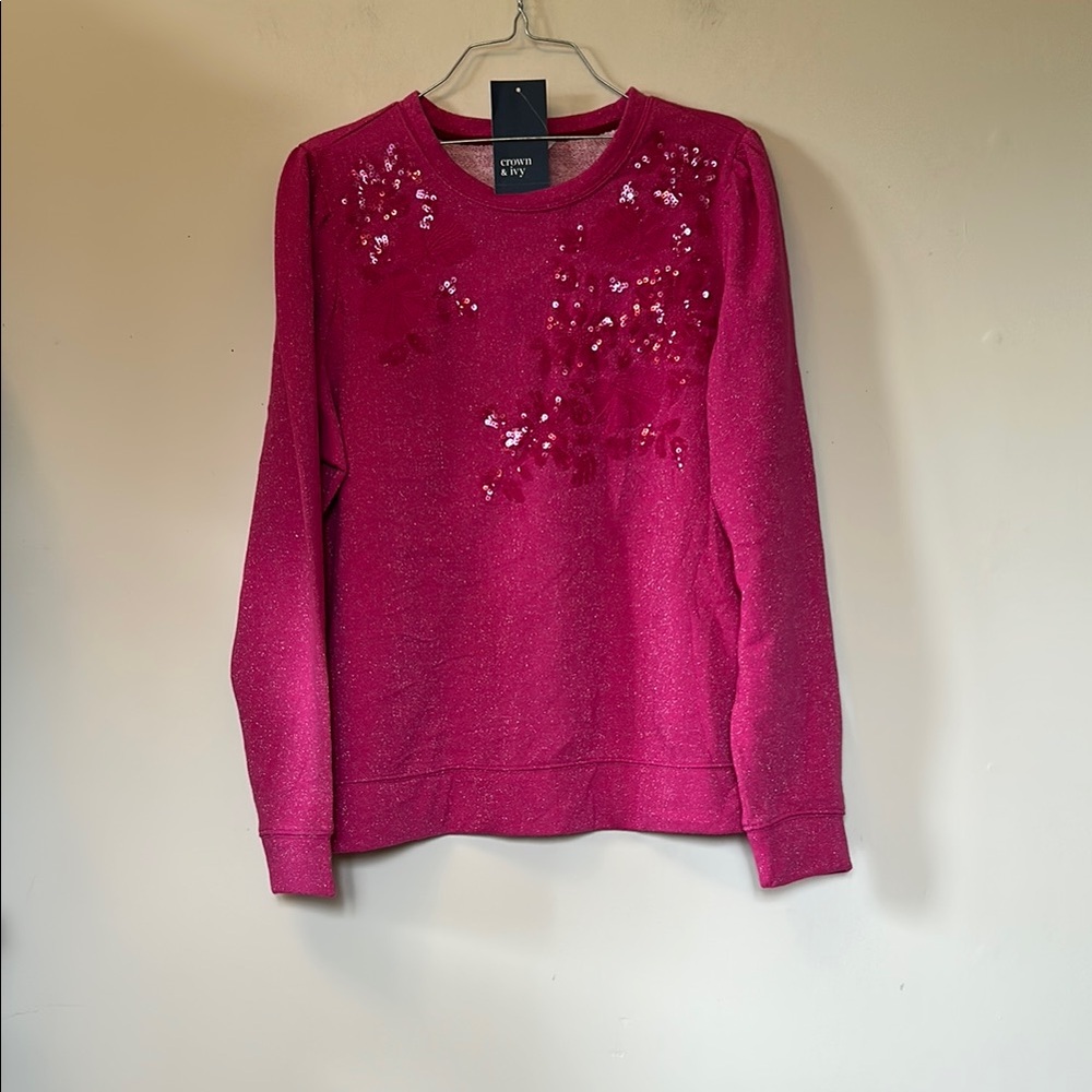 Crown & Ivy pink sequin embellished sweatshirt slightly puff sleeves size XL